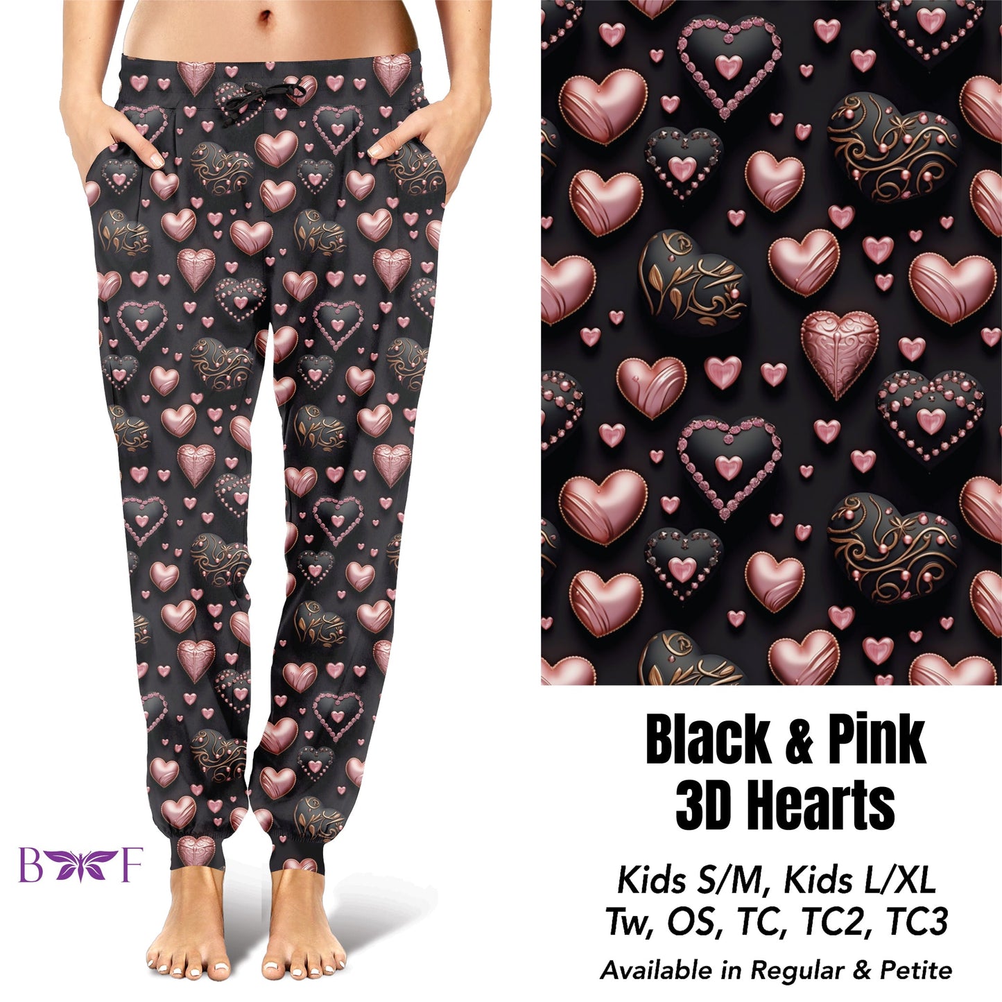 Black & Pink 3D hearts leggings with pockets