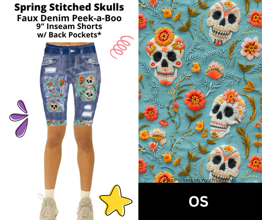 Spring Stitched Skulls Faux Denim Jamaica Shorts