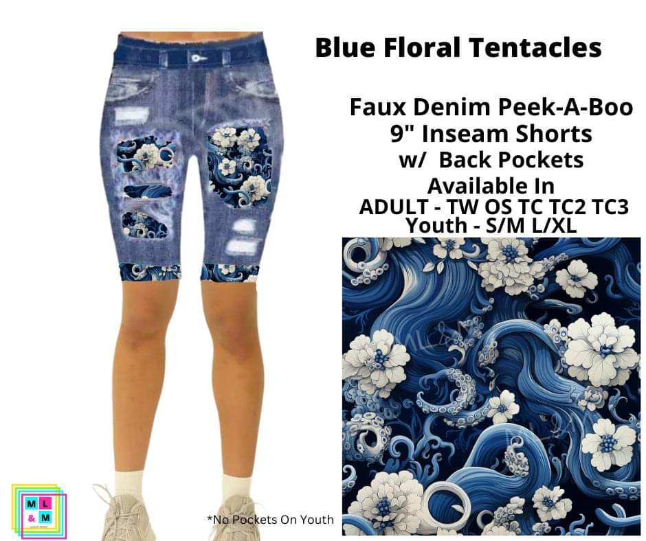 Blue Floral Tentacles Faux Denim Jamaica Shorts