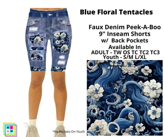 Blue Floral Tentacles Faux Denim Jamaica Shorts