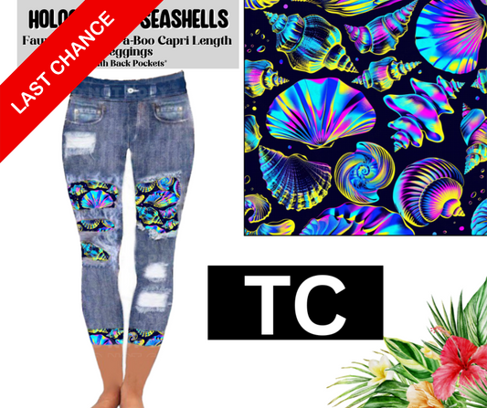 Holographic Seashells Capri Faux Denim Peekaboo