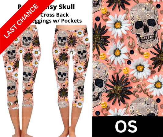 Peach Daisy Skull Criss Cross Capri w/ Pockets