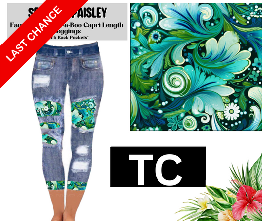 Sea Mist Paisley Capri Faux Denim Peekaboo