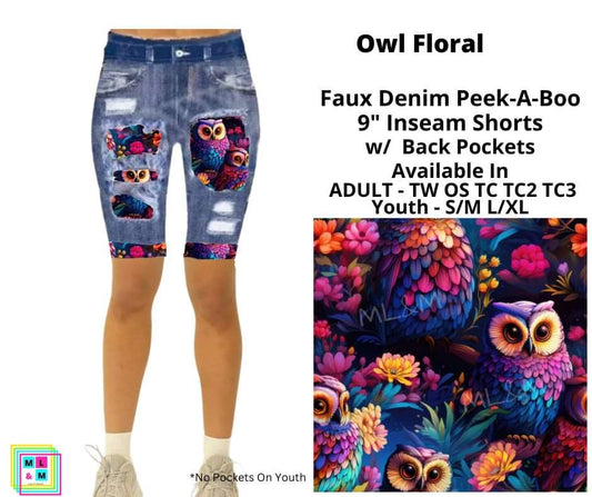 Owl Floral Faux Denim Jamaica Shorts
