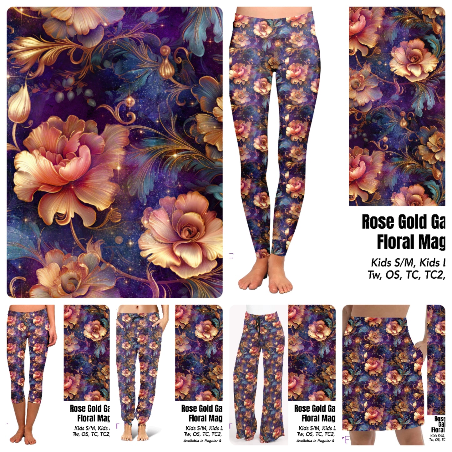 Rose Gold Galaxy leggings, capris, 8" bike shorts, and skorts with pockets