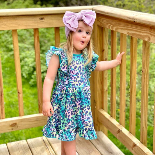 Teal and Pink Leopard Ruffle Sleeveless Dress