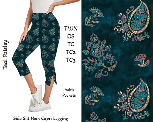 Teal Paisley - Side Slit Hem Capri Leggings with Pockets Preorder Closes 2/23