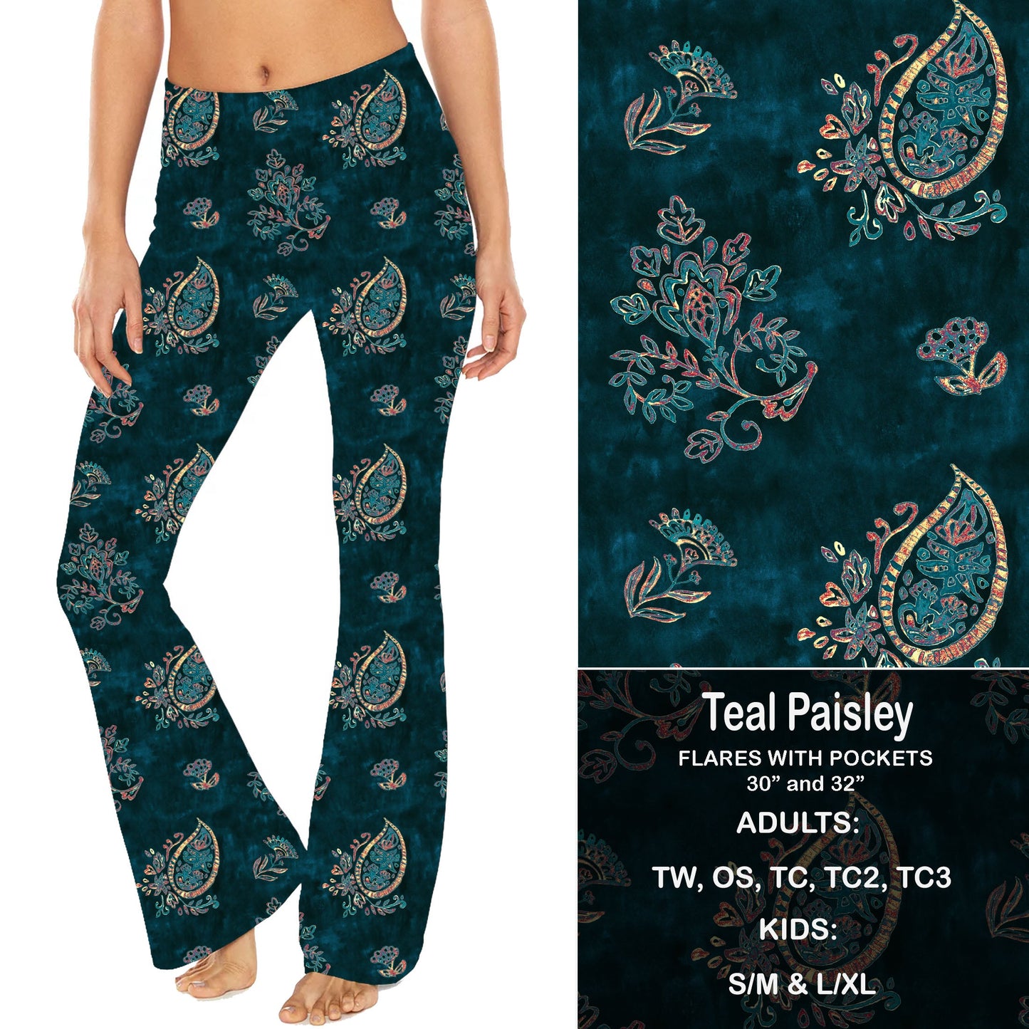 Teal Paisley - Yoga Flares with Pockets Preorder Closes 2/23