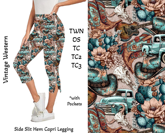 Vintage Western - Side Slit Hem Capri Leggings with Pockets Preorder Closes 2/23