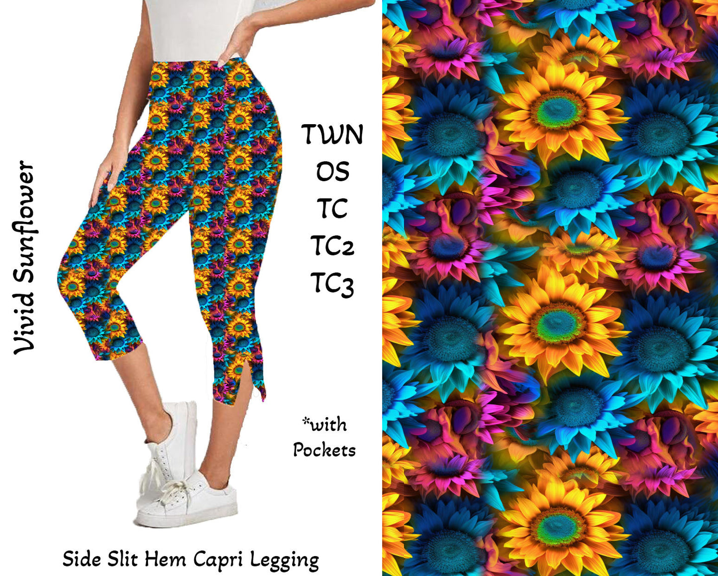 Vivid Sunflower - Side Slit Hem Capri Leggings with Pockets Preorder Closes 2/23