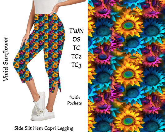 Vivid Sunflower - Side Slit Hem Capri Leggings with Pockets Preorder Closes 2/23