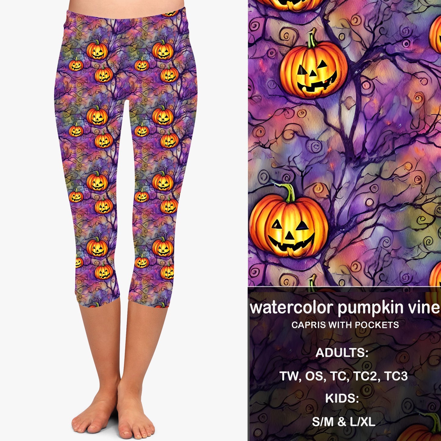 WATERCOLOR PUMPKIN VINE - Leggings & Capris with Pockets Preorder Closes 7/31