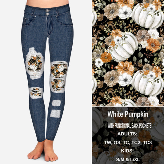 White Pumpkins Faux Denim Peekaboo Leggings with Pockets Preorder Closes 9/18  eta Late October