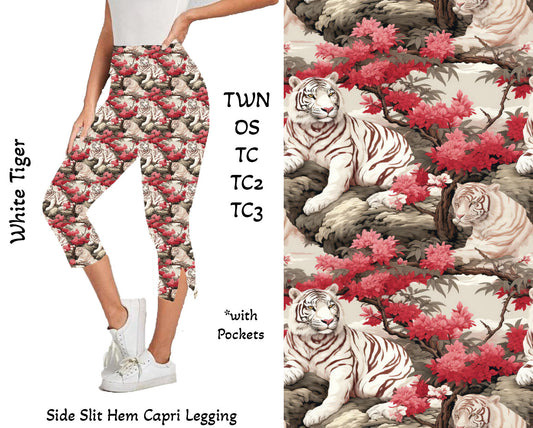 White Tiger - Side Slit Hem Capri Leggings with Pockets Preorder Closes 2/23